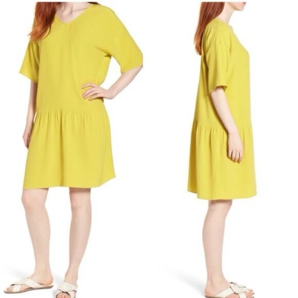 Eileen Fisher Drop Waist Shift Dress Back Tie Lagenlook in Yarrow Citron Size XS - Picture 2 of 16
